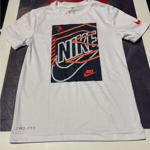 Nike White Short Sleeve Graphic Dri-FIT Tee with Black & Orange Logo